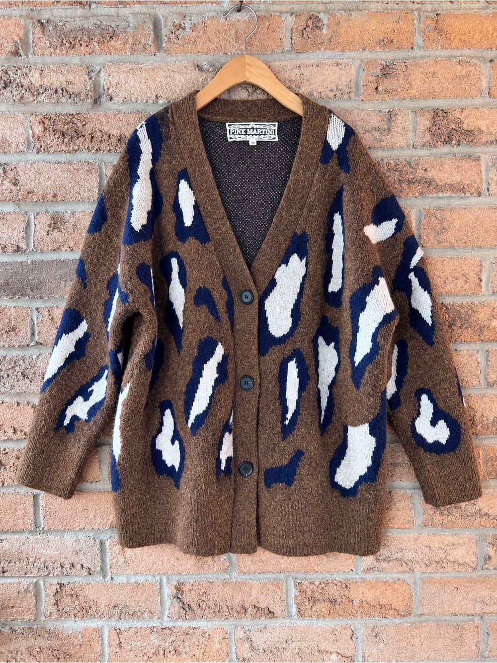 Pink Martini Leopard Animal Print Oversized Fuzzy Cardigan XS Brown Navy